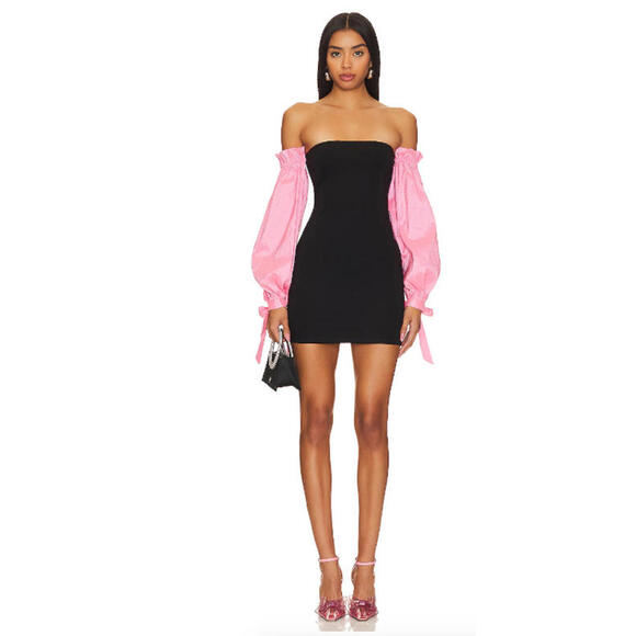 Majorelle Dresses & Skirts - Majorelle Sky Dress In Black Pink satin off-the-shoulder sleeves XS $188msrp NW